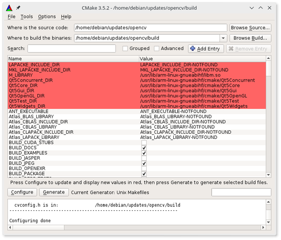 cmake-gui configurada para OpenCV