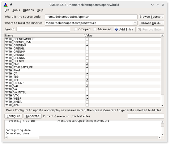 cmake-gui lista para compilar OpenCV